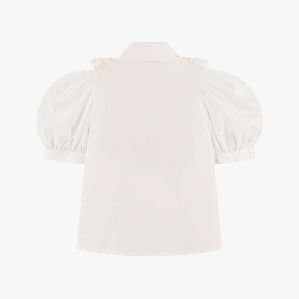 Piccola Speranza-Girls Ivory Cotton Ruffle Blouse with Pink Tweed Buttons | Childrensalon Outlet