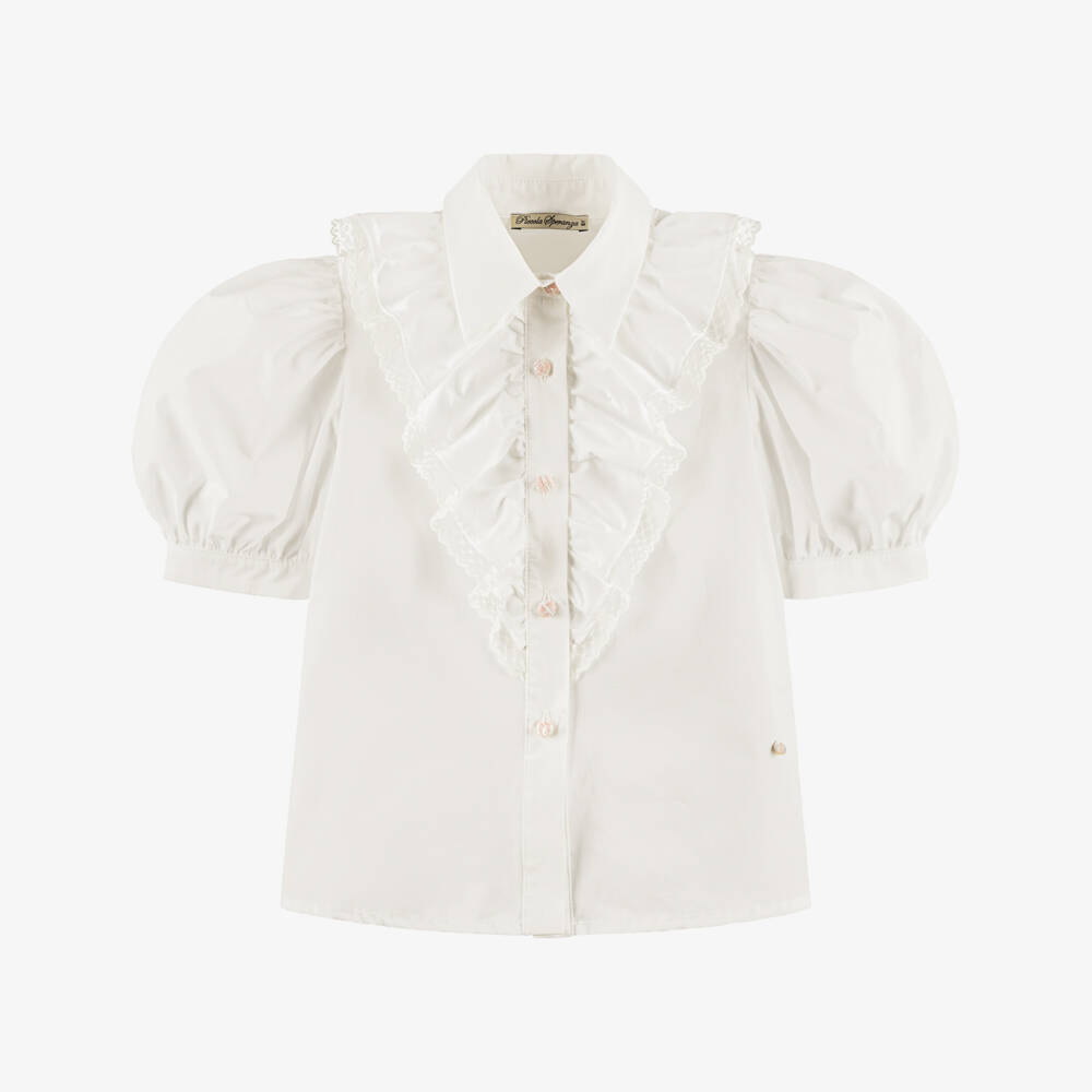 Piccola Speranza-Girls Ivory Cotton Ruffle Blouse with Pink Tweed Buttons | Childrensalon Outlet