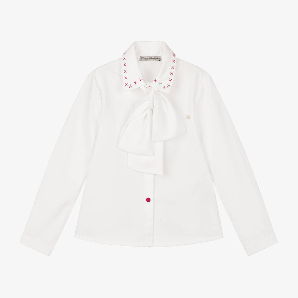 Piccola Speranza-Girls Ivory Cotton Tie Blouse | Childrensalon Outlet
