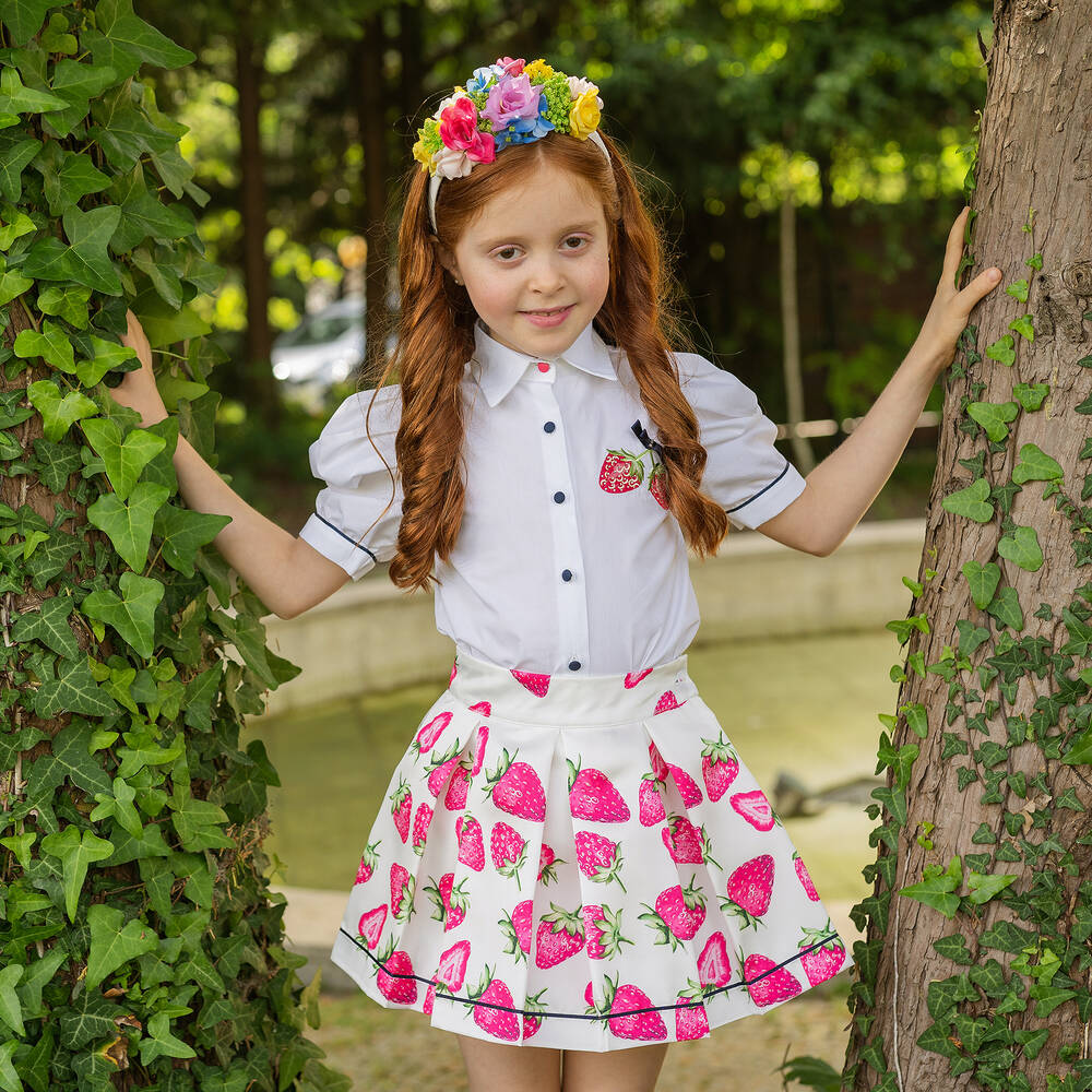 Piccola Speranza-Кремовая атласная юбка с розовой клубникой | Childrensalon Outlet