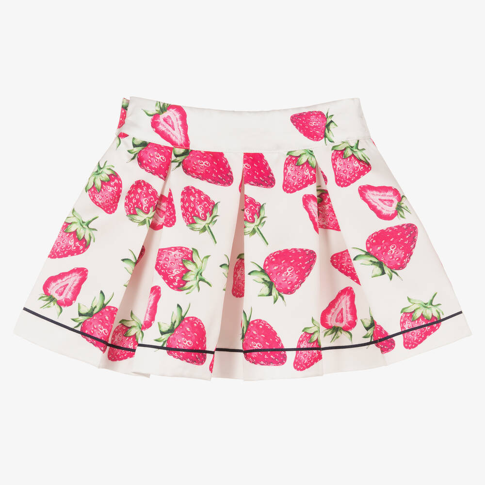 Piccola Speranza-Кремовая атласная юбка с розовой клубникой | Childrensalon Outlet