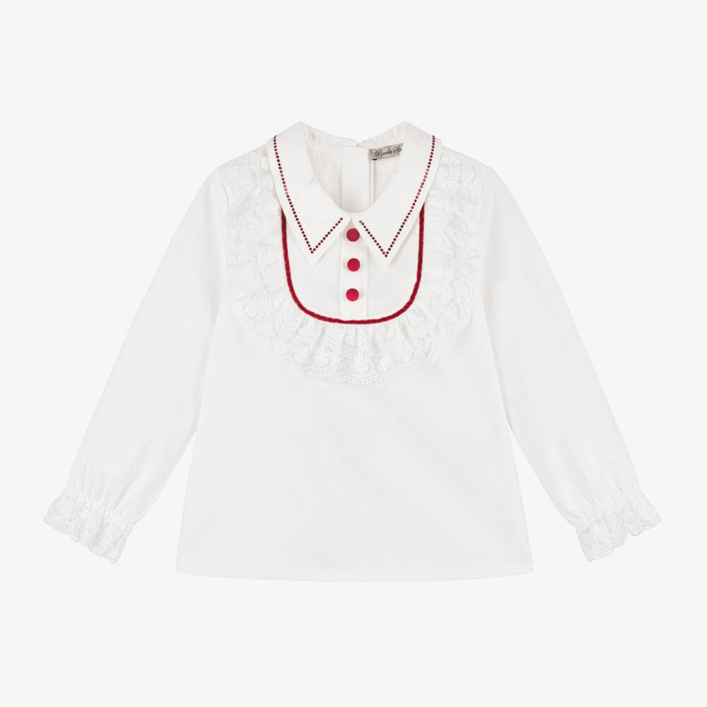 Piccola Speranza-Girls Ivory Tulle Trim Blouse | Childrensalon Outlet