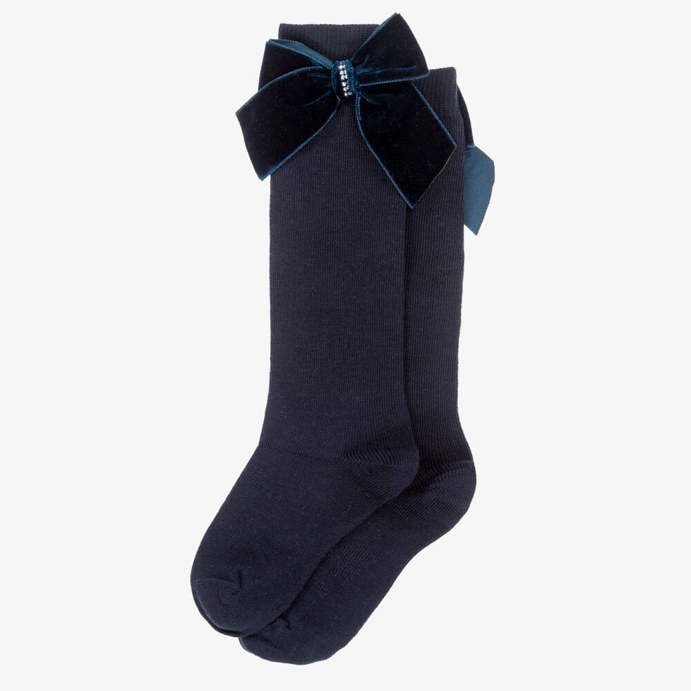 Piccola Speranza-Girls Long Navy Blue Cotton Socks with Diamanté Velvet Bows | Childrensalon Outlet