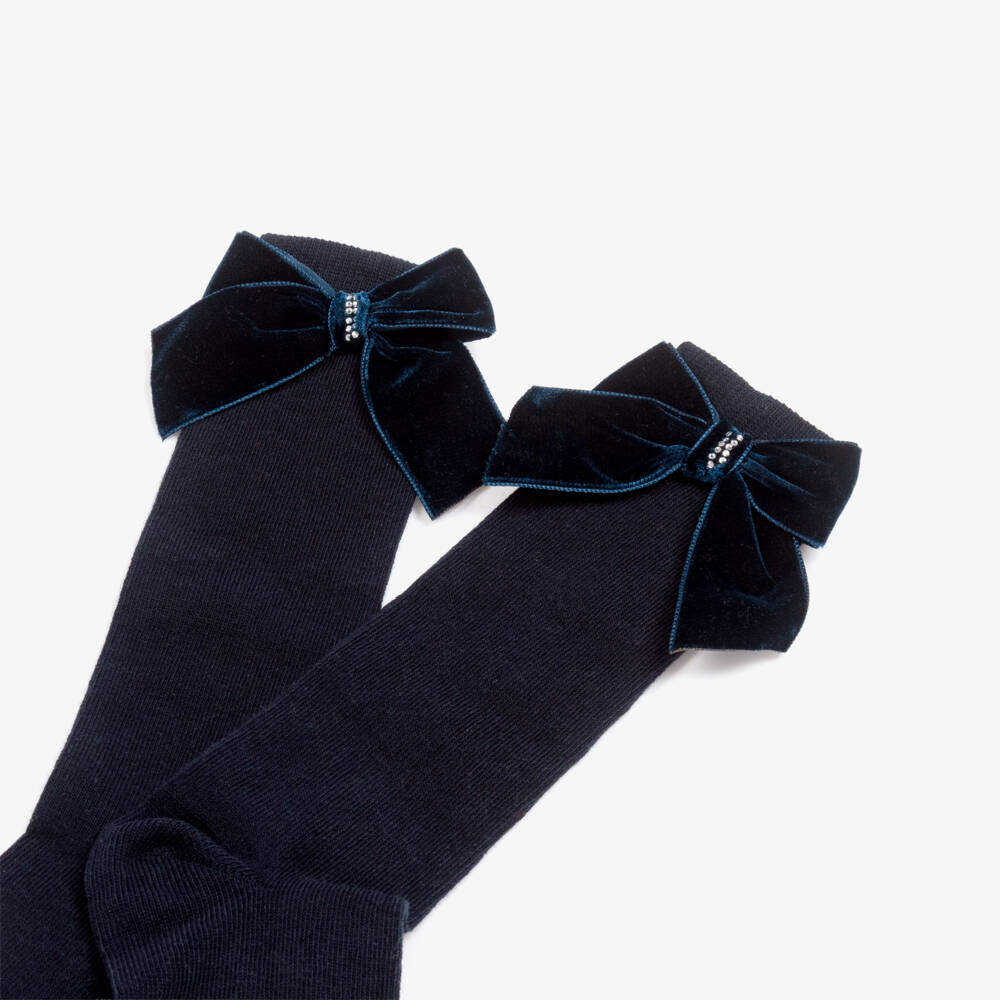 Piccola Speranza-Girls Long Navy Blue Cotton Socks with Diamanté Velvet Bows | Childrensalon Outlet