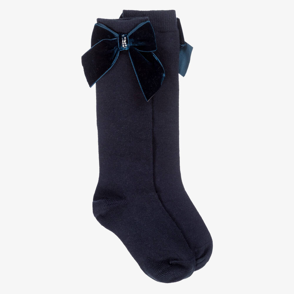 Piccola Speranza-Girls Long Navy Blue Cotton Socks with Diamanté Velvet Bows | Childrensalon Outlet