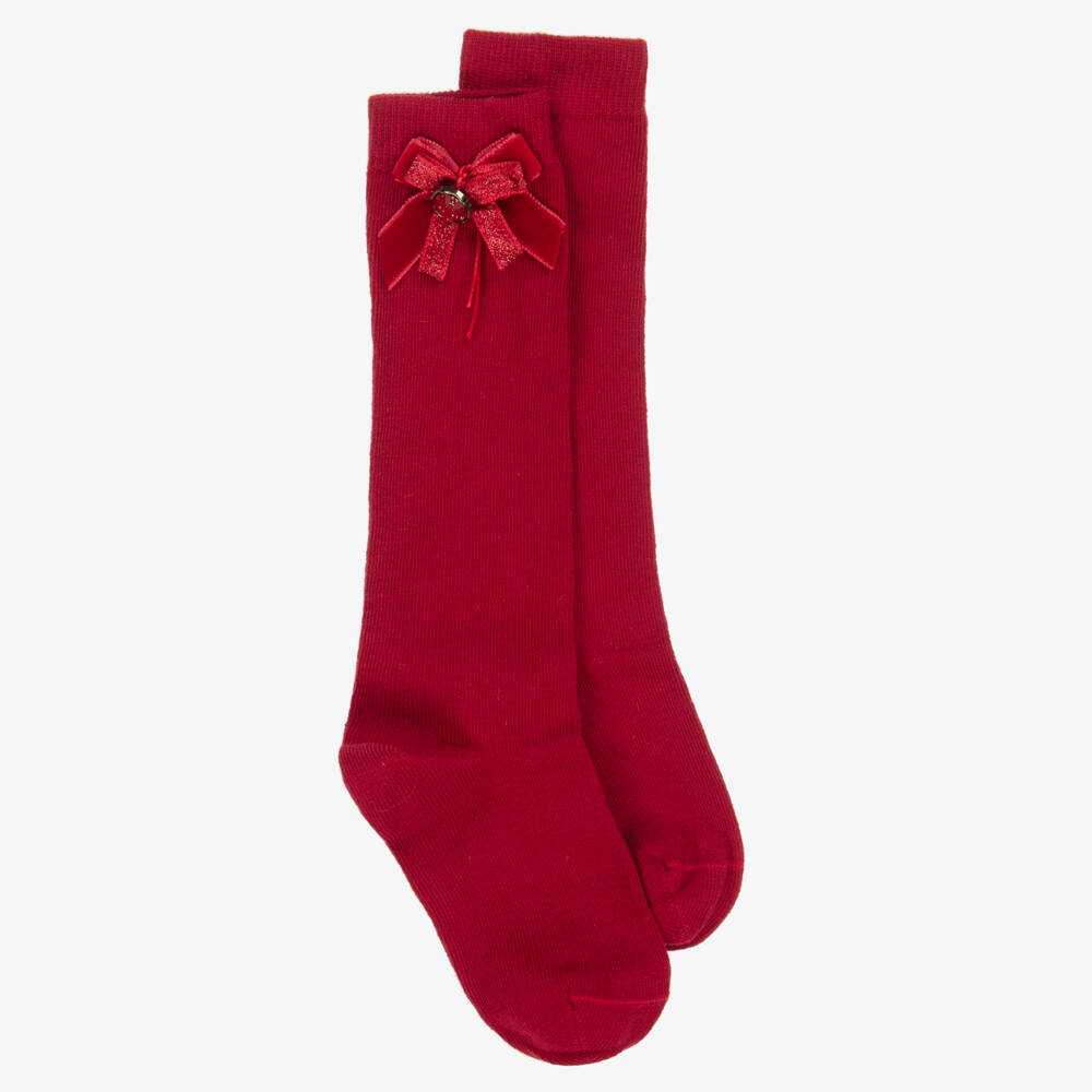 Piccola Speranza-Girls Long Red Cotton Socks with Velvet Bows | Childrensalon Outlet
