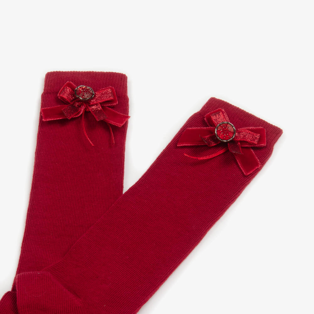 Piccola Speranza-Girls Long Red Cotton Socks with Velvet Bows | Childrensalon Outlet