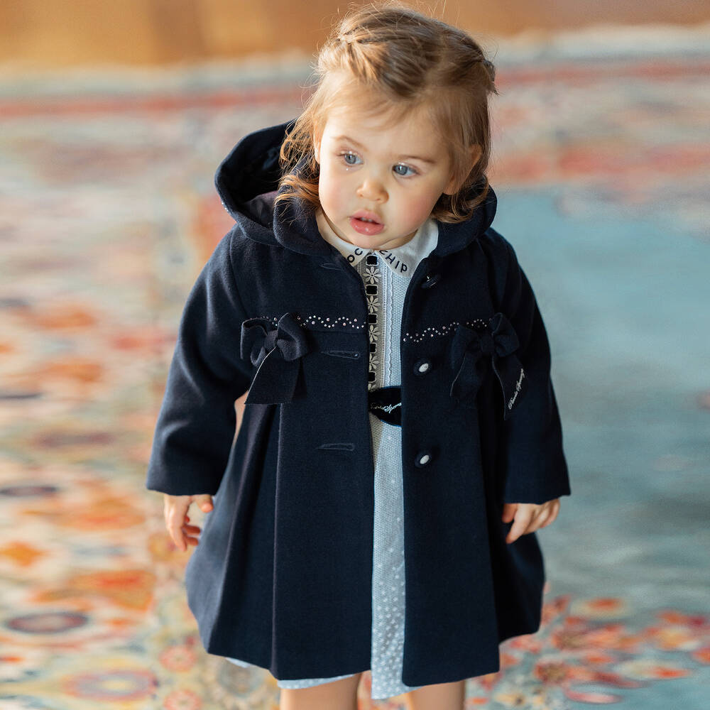 Piccola Speranza Girls Navy Blue Bow Coat Childrensalon Outlet