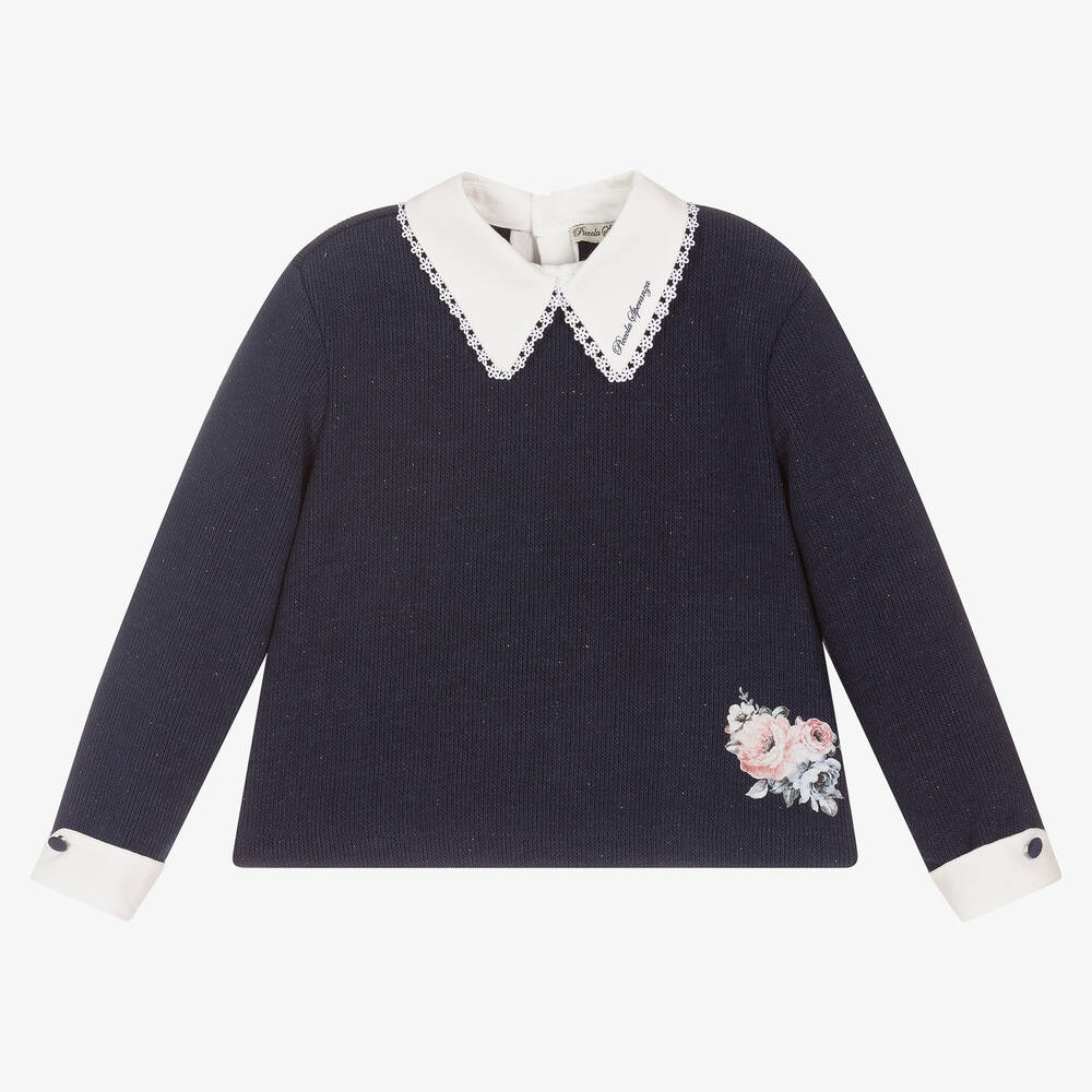 Piccola Speranza - Girls Navy Blue Collar Sweater | Childrensalon