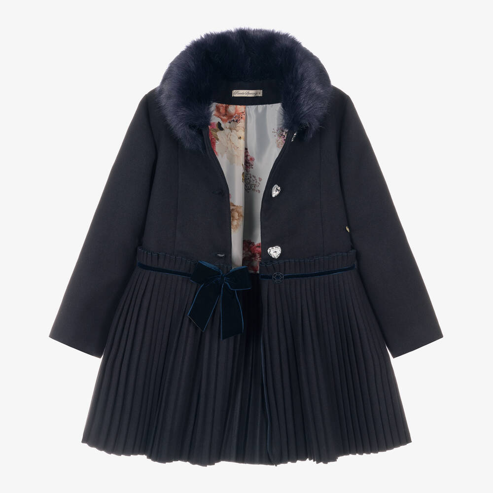 Piccola Speranza-Girls Navy Blue Pleated Coat | Childrensalon Outlet