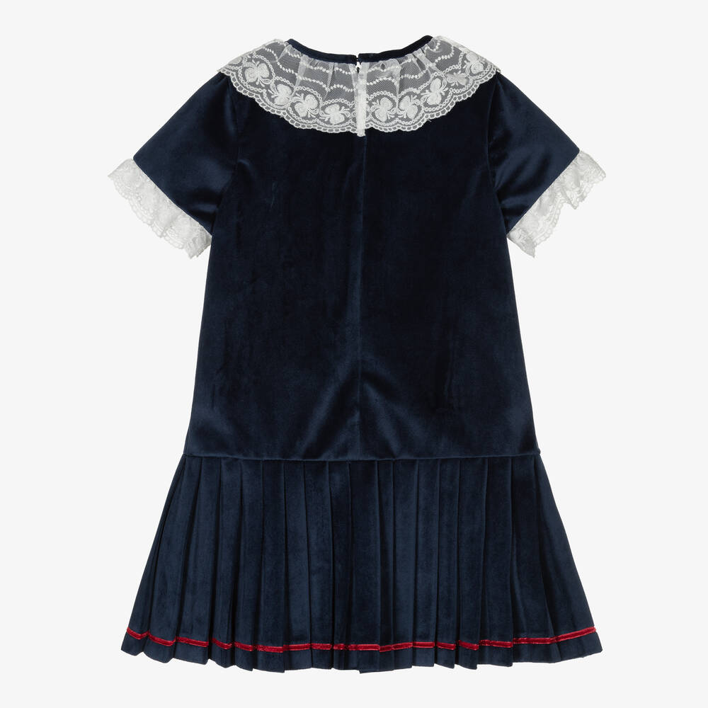 Piccola Speranza-Girls Navy Blue Velvet Pleated Dress | Childrensalon Outlet