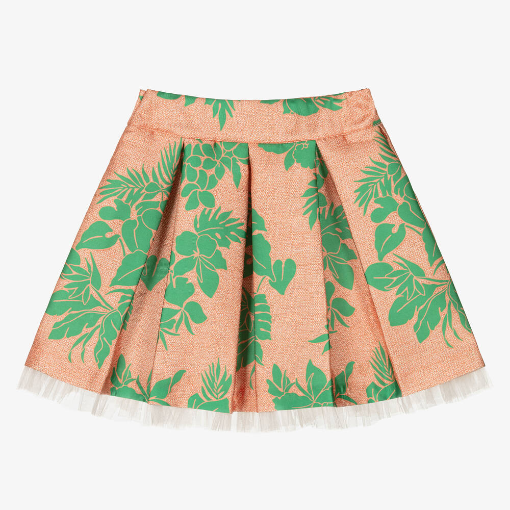 Piccola Speranza-تنورة ساتان تول لون برتقالي وأخضر بطبعة ورود | Childrensalon Outlet