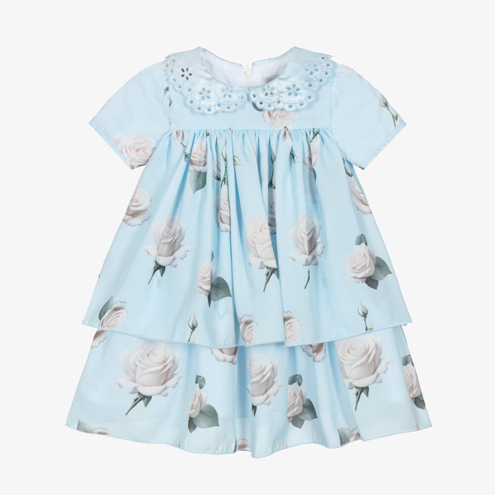 Piccola Speranza-Girls Pale Blue Crêpe Chiffon Dress with White Roses | Childrensalon Outlet