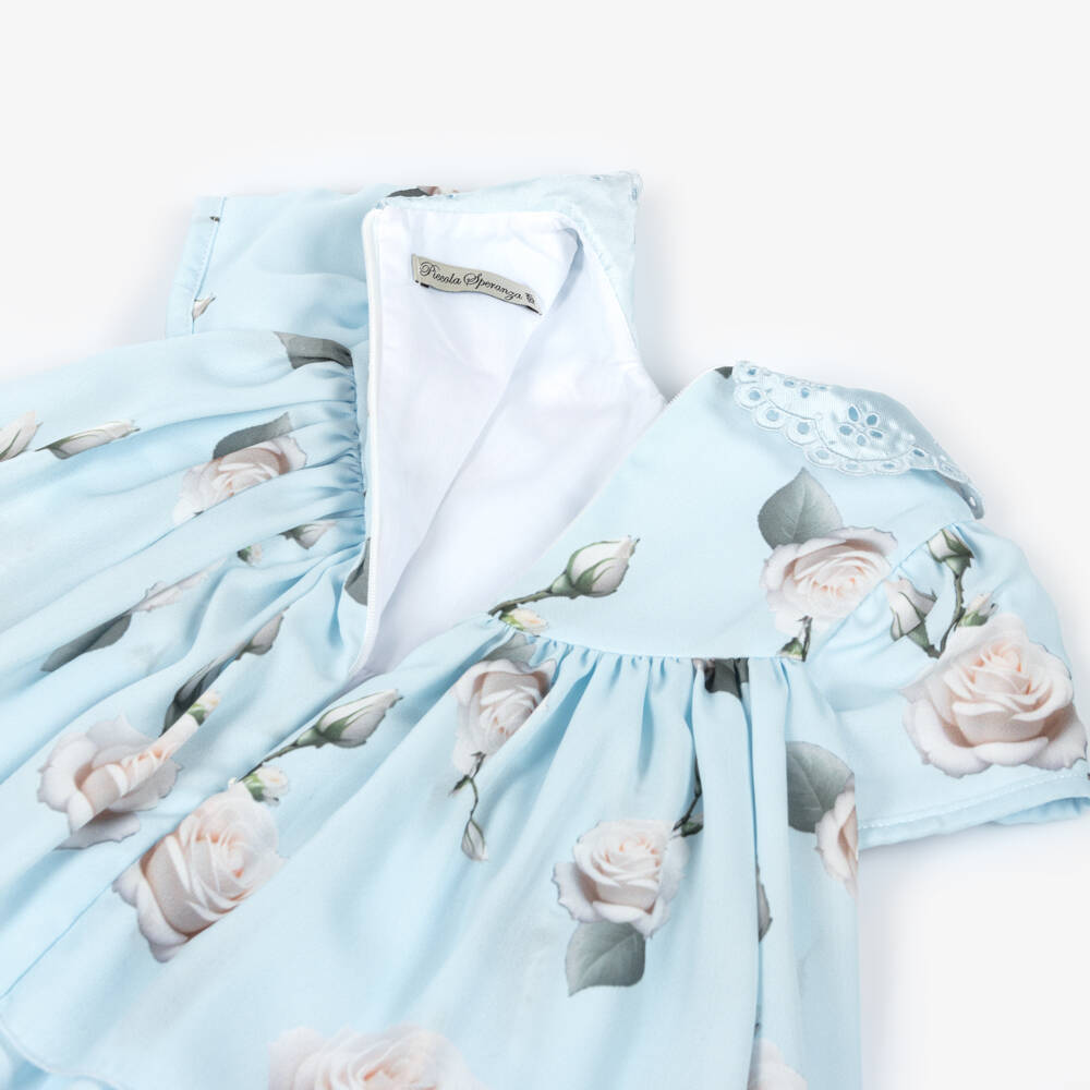 Piccola Speranza-Girls Pale Blue Crêpe Chiffon Dress with White Roses | Childrensalon Outlet