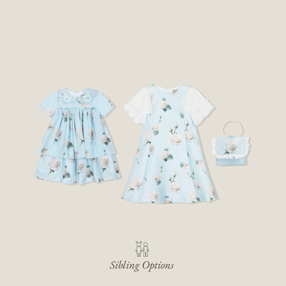 Piccola Speranza-Girls Pale Blue Crêpe Chiffon Dress with White Roses | Childrensalon Outlet