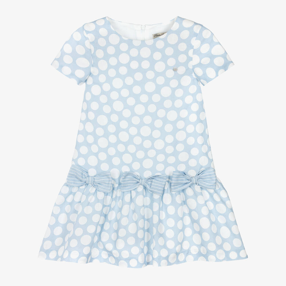 Piccola Speranza-Girls Pale Blue Linen & Cotton Polka Dot Dress | Childrensalon Outlet