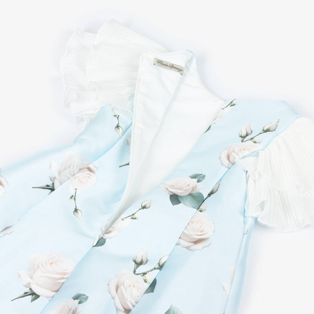 Piccola Speranza-Girls Pale Blue Satin Twill Dress with Roses & Pleated Sleeves | Childrensalon Outlet