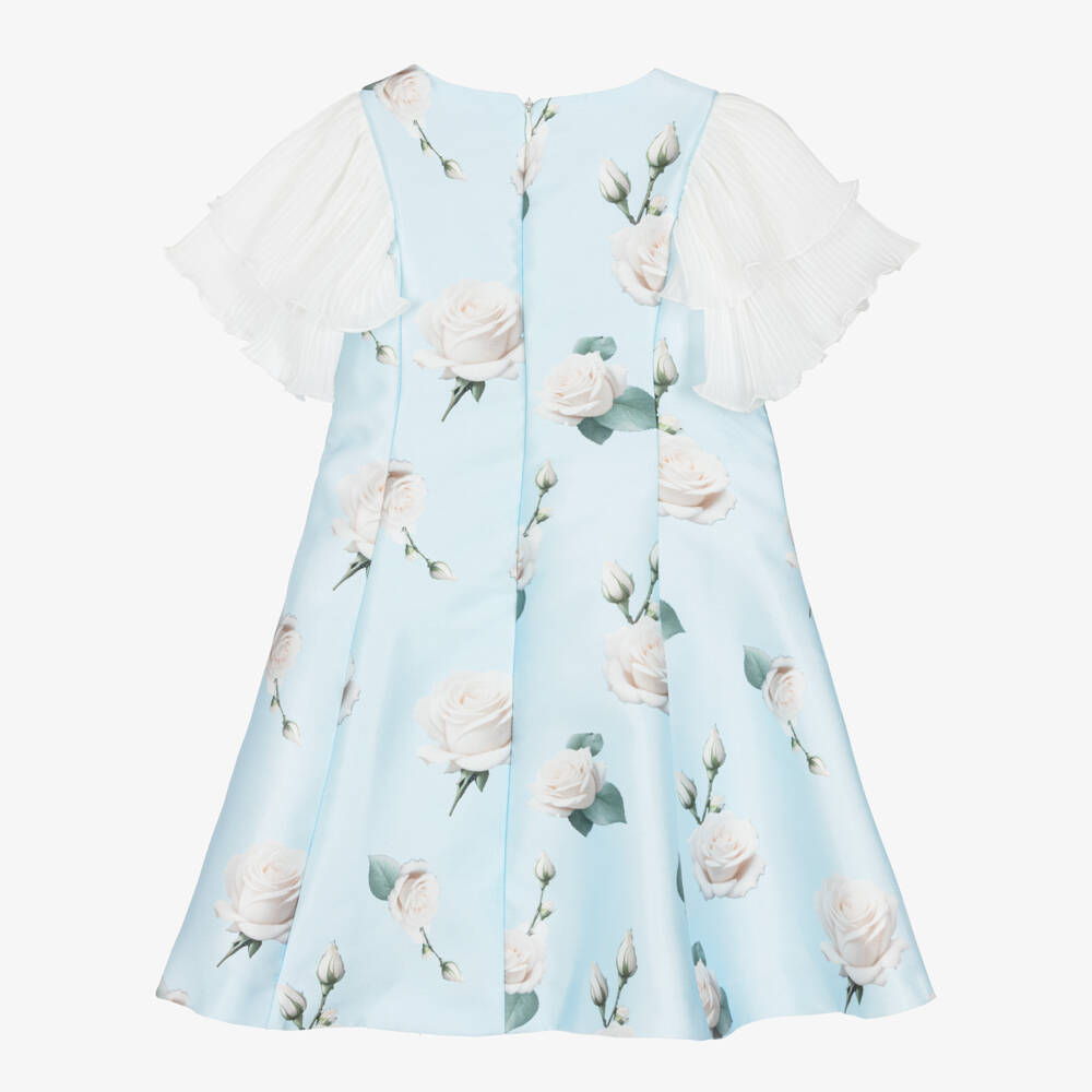 Piccola Speranza-Girls Pale Blue Satin Twill Dress with Roses & Pleated Sleeves | Childrensalon Outlet