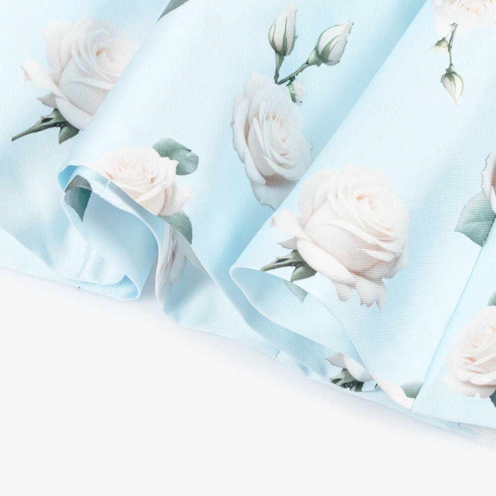 Piccola Speranza-Girls Pale Blue Satin Twill Dress with Roses & Pleated Sleeves | Childrensalon Outlet