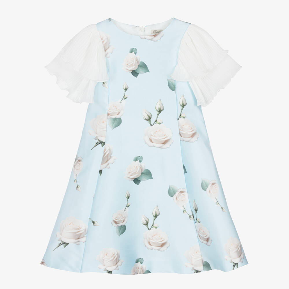 Piccola Speranza-Girls Pale Blue Satin Twill Dress with Roses & Pleated Sleeves | Childrensalon Outlet