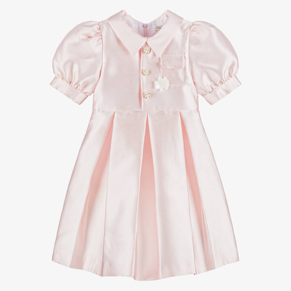 Piccola Speranza-Girls Pale Pink Satin Dress with Puffed Sleeves & Box Pleats | Childrensalon Outlet