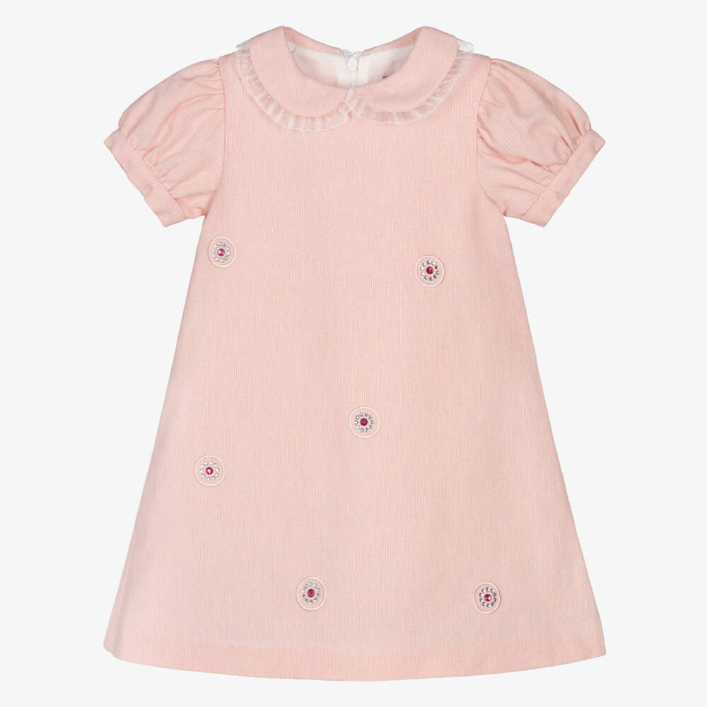 Piccola Speranza-Girls Pale Pink Textured Dress with Diamanté Flowers | Childrensalon Outlet