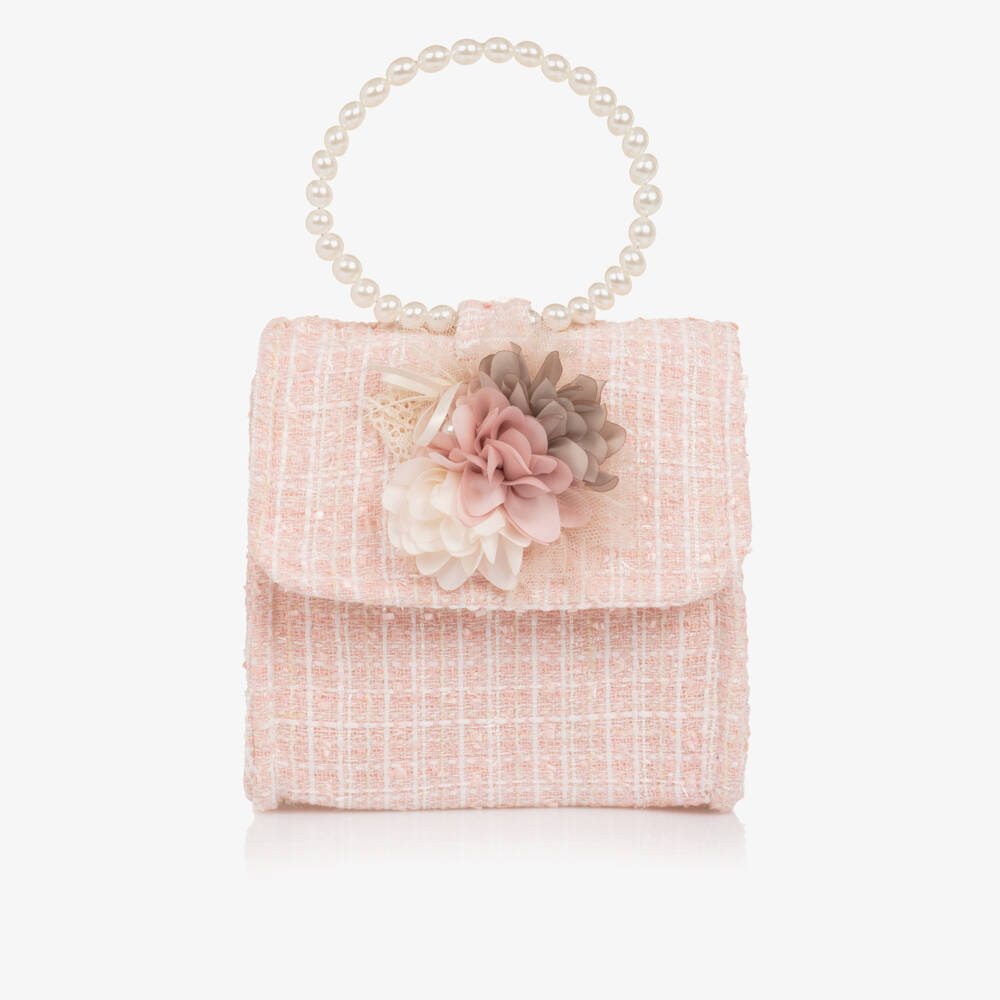 Piccola Speranza-Girls Pale Pink Tweed Handbag with Flowers (16cm) | Childrensalon Outlet