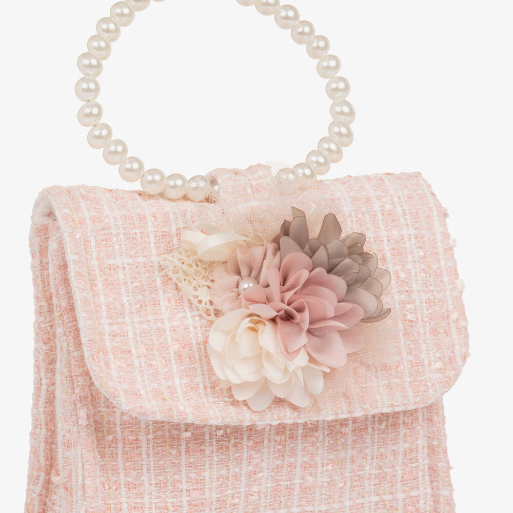 Piccola Speranza-Girls Pale Pink Tweed Handbag with Flowers (16cm) | Childrensalon Outlet