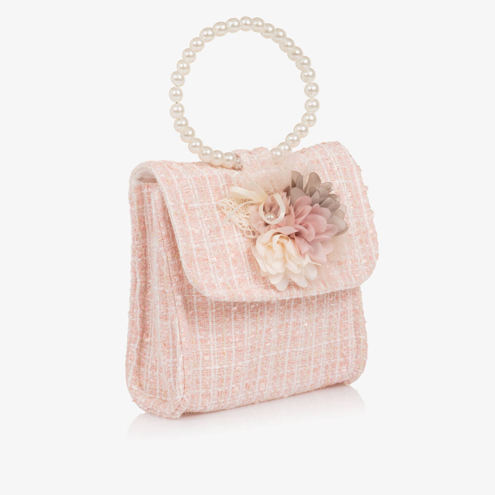 Piccola Speranza-Girls Pale Pink Tweed Handbag with Flowers (16cm) | Childrensalon Outlet