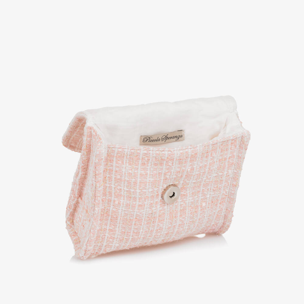 Piccola Speranza-Girls Pale Pink Tweed Handbag with Flowers (16cm) | Childrensalon Outlet
