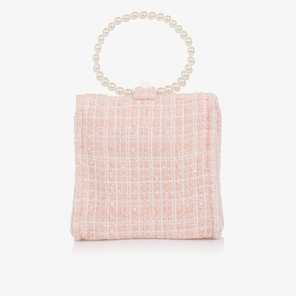 Piccola Speranza-Girls Pale Pink Tweed Handbag with Flowers (16cm) | Childrensalon Outlet