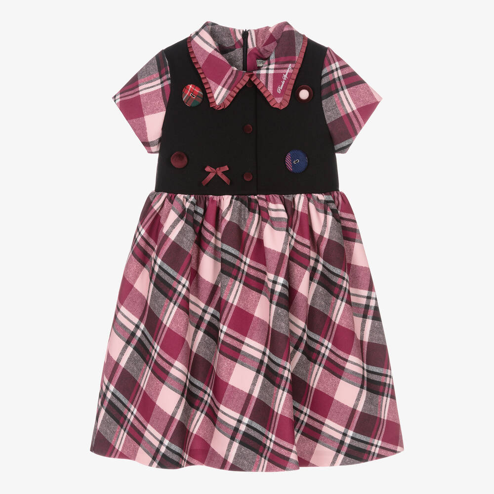 Piccola Speranza - Girls Pink & Black Tartan Dress  | Childrensalon