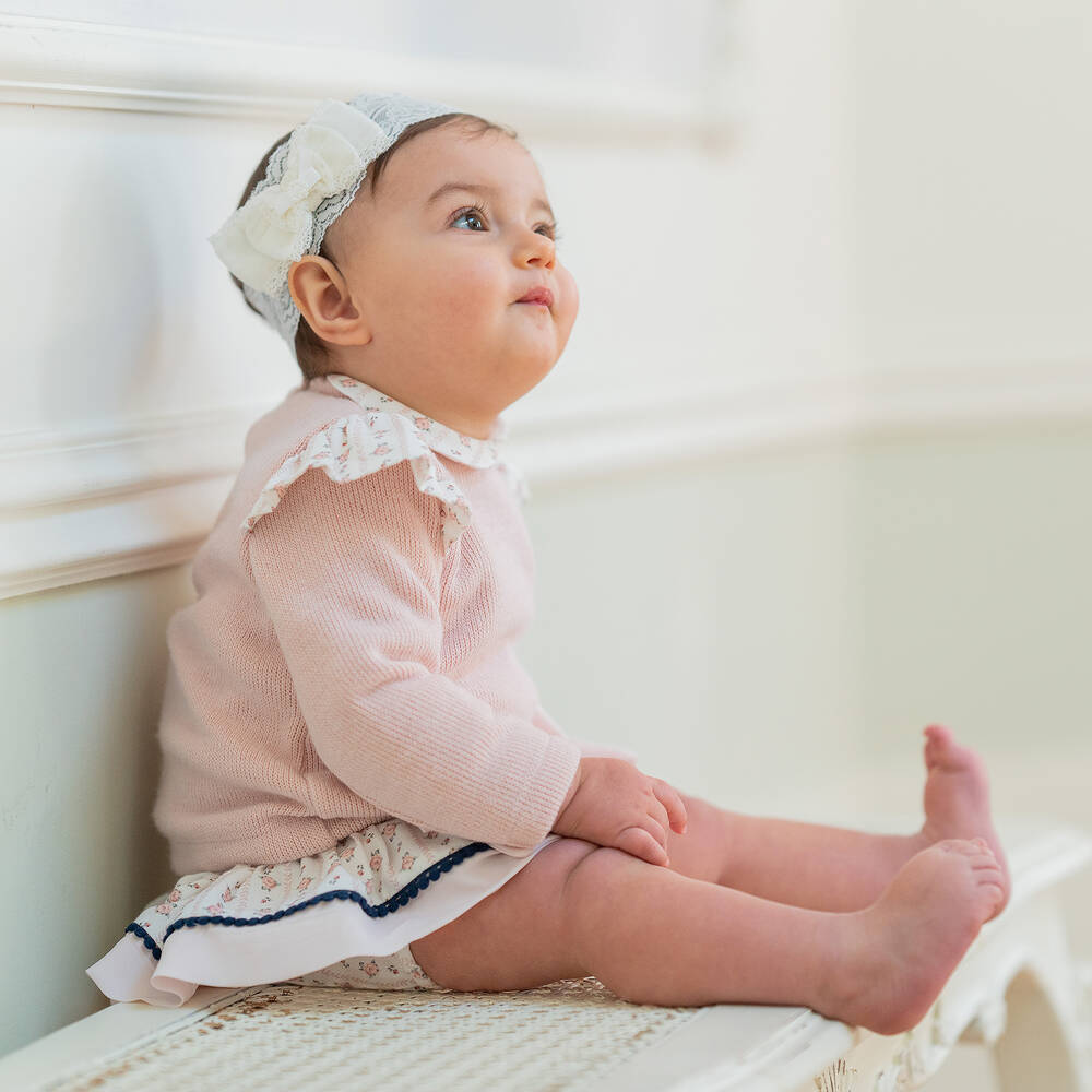 Piccola Speranza-طقم شورت بلومر أطفال بناتي قطن لون أبيض وزهري | Childrensalon Outlet