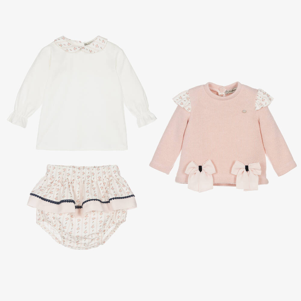 Piccola Speranza-طقم شورت بلومر أطفال بناتي قطن لون أبيض وزهري | Childrensalon Outlet