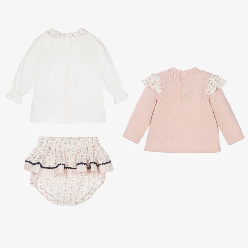 Piccola Speranza-طقم شورت بلومر أطفال بناتي قطن لون أبيض وزهري | Childrensalon Outlet