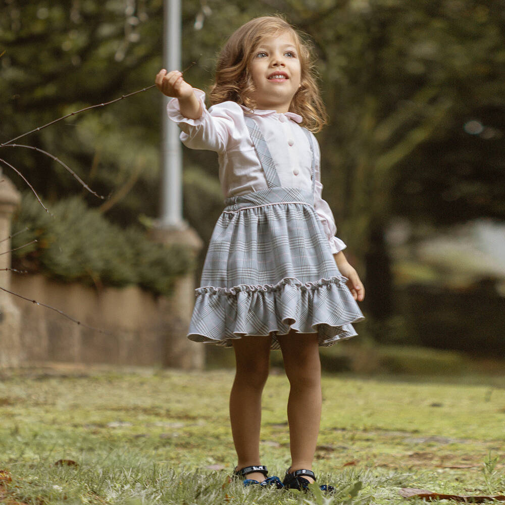 Piccola Speranza-Girls Pink Blouse & Grey Check Skirt | Childrensalon Outlet