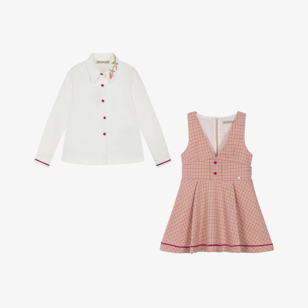 Piccola Speranza-Girls Pink Check Pinafore Dress & Blouse Set | Childrensalon Outlet