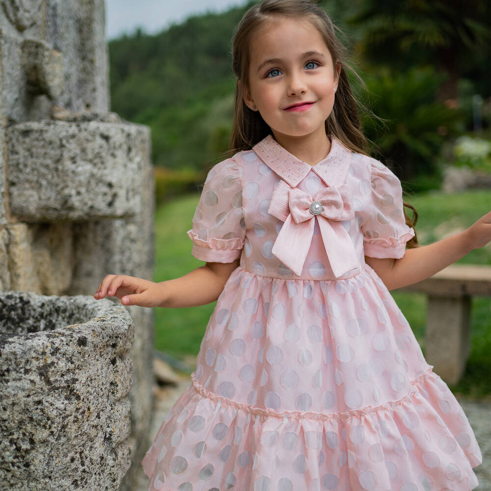 Piccola Speranza-Girls Pink Collared Polka Dot Dress | Childrensalon Outlet
