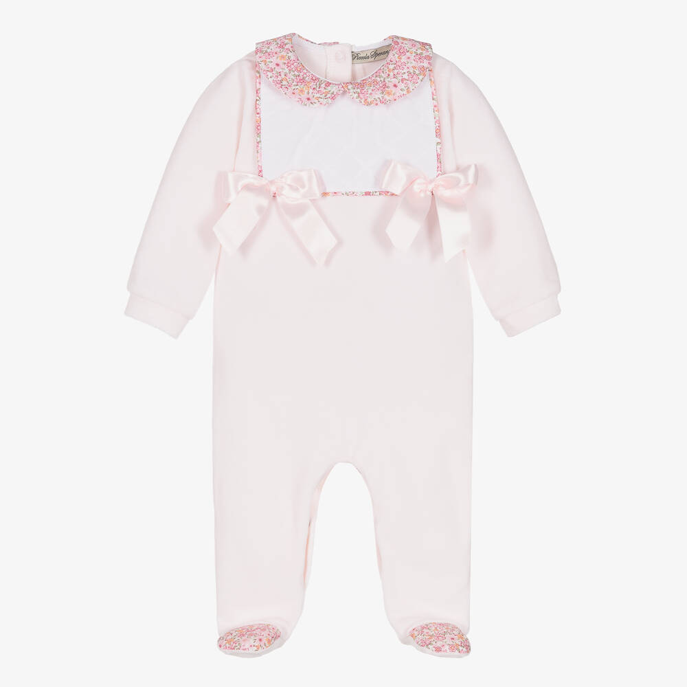 Piccola Speranza - Girls Pink Cotton Velour Floral Babygrow | Childrensalon