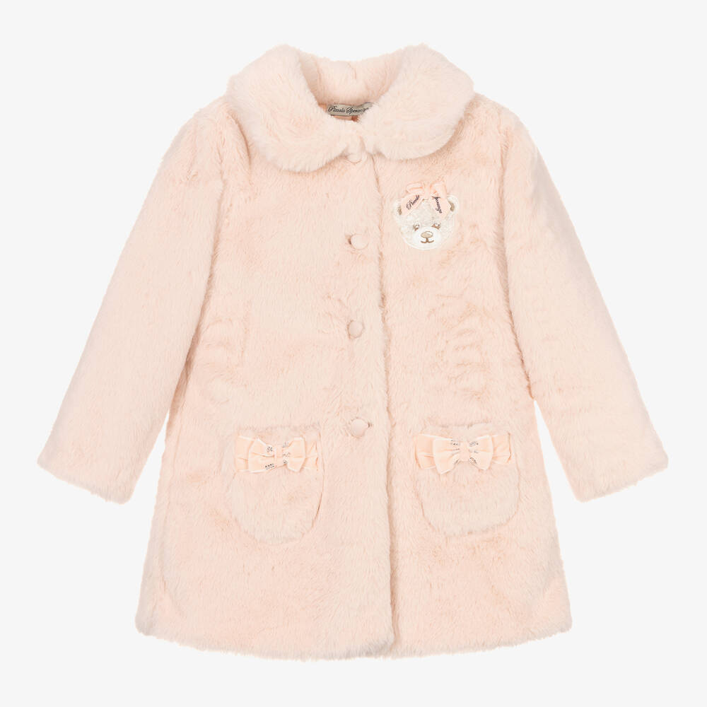 Piccola Speranza - Girls Pink Faux Fur Bow Coat  | Childrensalon