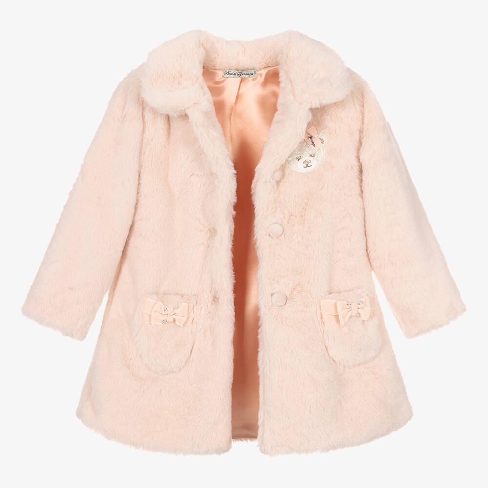 Piccola Speranza-Girls Pink Faux Fur Bow Coat  | Childrensalon Outlet