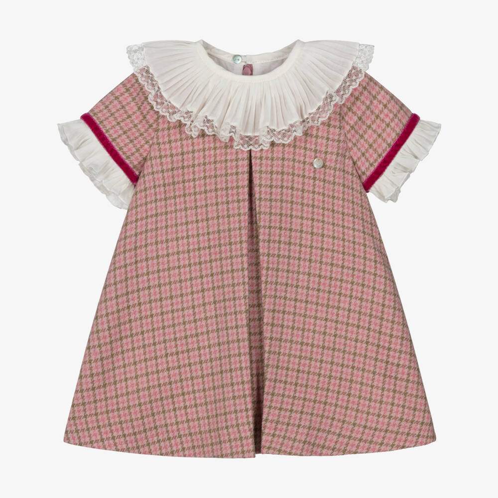 Piccola Speranza-Girls Pink Houndstooth Wool Dress | Childrensalon Outlet