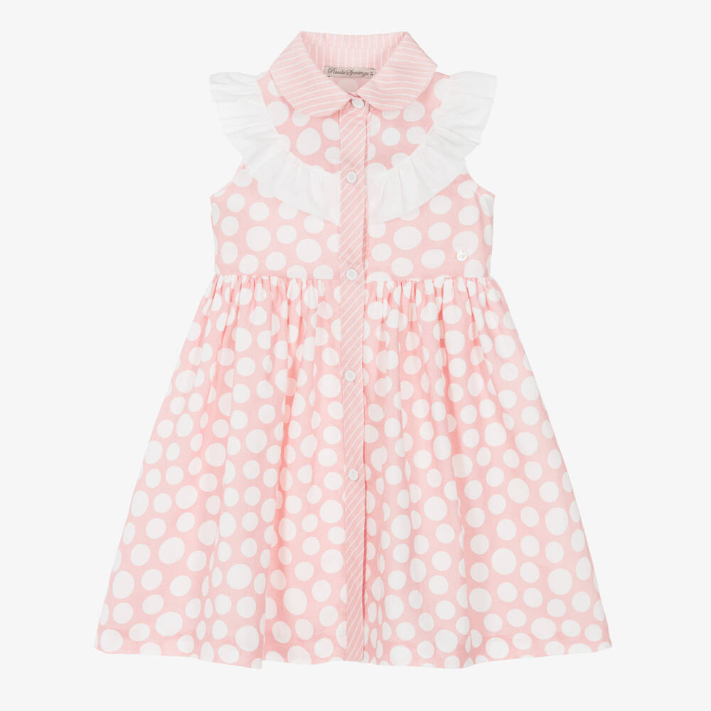 Piccola Speranza-Girls Pink Linen & Cotton Dress with White Polka Dots | Childrensalon Outlet