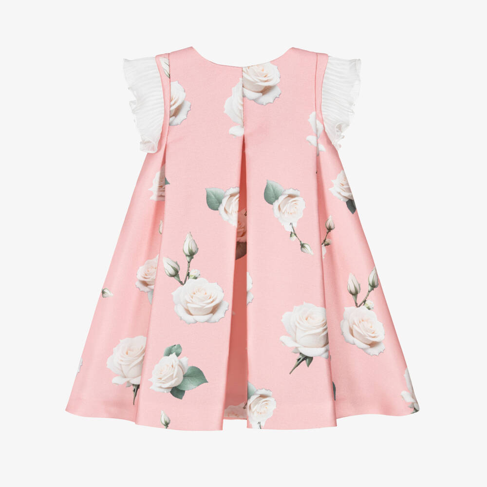 Piccola Speranza-Girls Pink Satin Twill Dress with Roses & Pleated Ruffles | Childrensalon Outlet