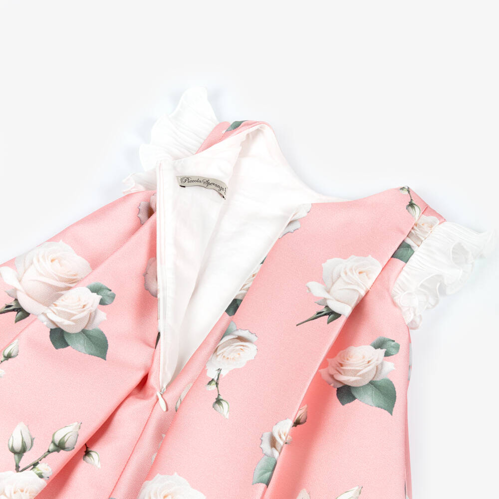 Piccola Speranza-Girls Pink Satin Twill Dress with Roses & Pleated Ruffles | Childrensalon Outlet