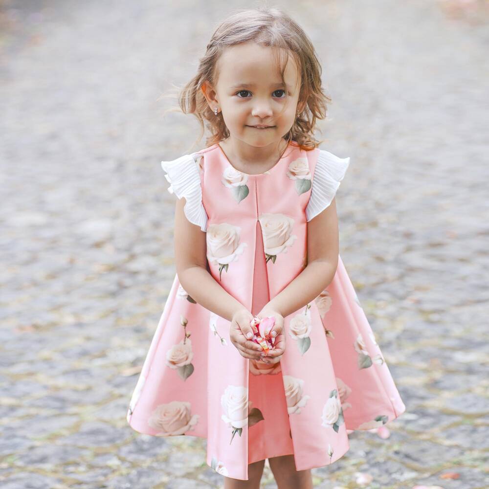 Piccola Speranza-Girls Pink Satin Twill Dress with Roses & Pleated Ruffles | Childrensalon Outlet