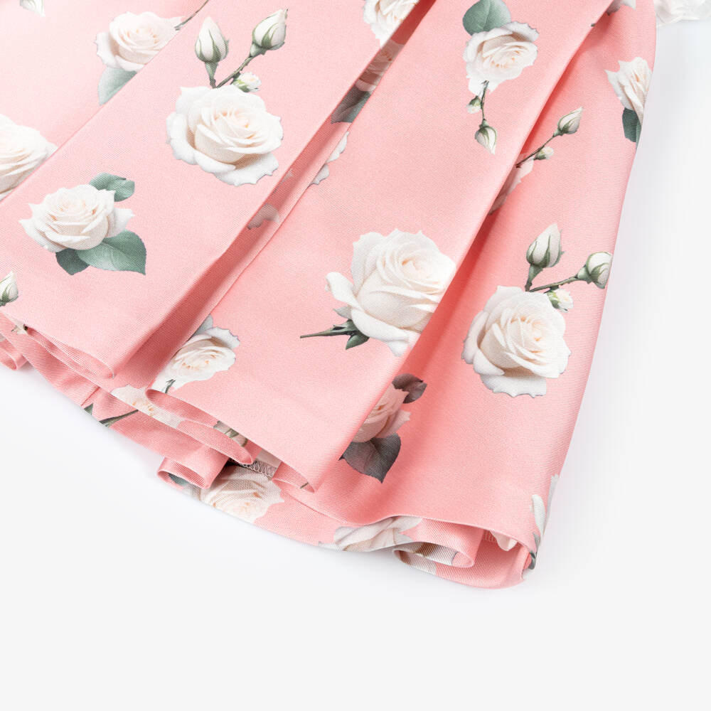 Piccola Speranza-Girls Pink Satin Twill Dress with Roses & Pleated Ruffles | Childrensalon Outlet