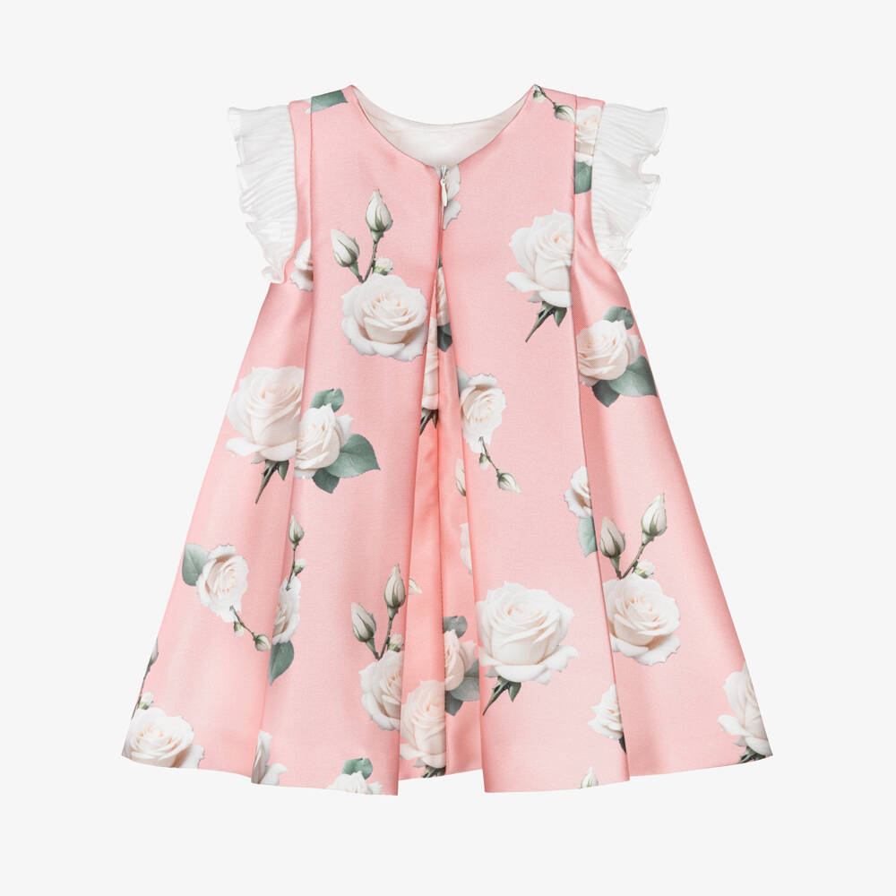 Piccola Speranza-Girls Pink Satin Twill Dress with Roses & Pleated Ruffles | Childrensalon Outlet