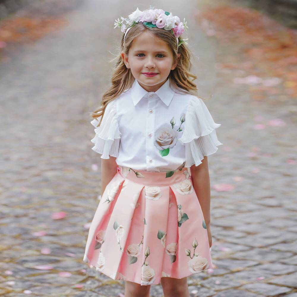 Piccola Speranza-Girls Pink Satin Twill Skirt with Roses | Childrensalon Outlet
