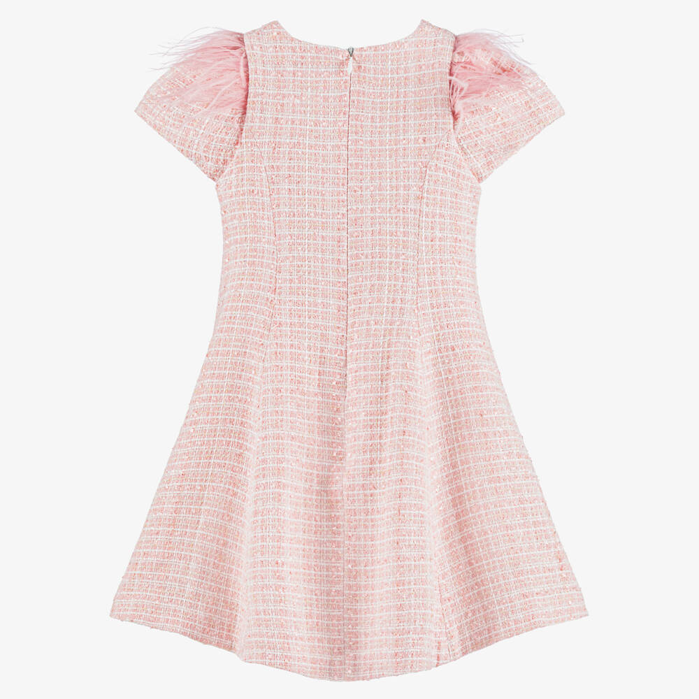 Piccola Speranza-Girls Pink Shimmery Tweed Dress with Feathers | Childrensalon Outlet